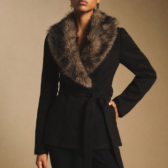 Black Elegant Women's Tie-Front Coat with Faux Collar - Picture 5 of 9